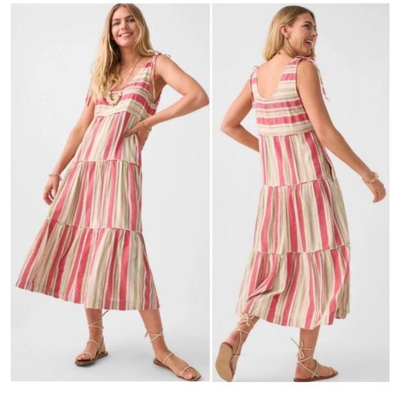 FAHERTY Lanai Linen Cotton Blend Striped Boho Sleeveless Tie Shoulder Dress XL - Picture 8 of 16